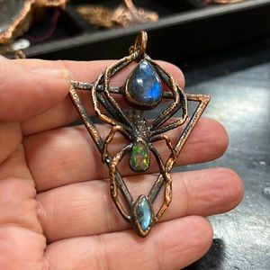 Gorgeous Opal and Blue Labradorite Copper Plated Spider Necklace.